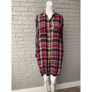 Indigo Thread Co. Women Red Plaid Button Down Long Shirt  Tunic Size M